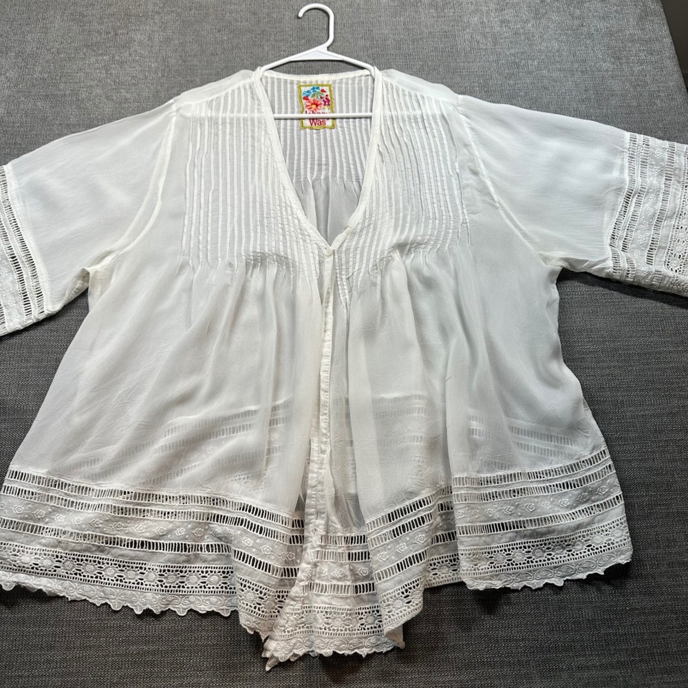 Johnny Was Blouse Womens White Boho Lace Eyelet Pintuck Peasant Top no‎ size tag